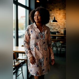 SHEIN Pink and Blue Patterned Long Sleeve Dress 3XL